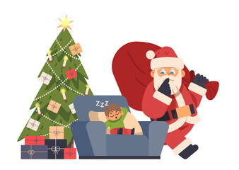 Santa Claus put presents to Christmas Tree and sneaks past boy sleeping in armchair. Holiday vector illustration on isolated background