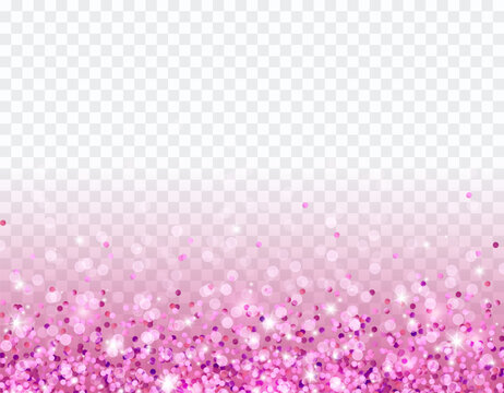 Pink glitter texture and white glowing lights effect with confetti isolated on purple magic transparent background. Vector star sparks,  sparkles border for greeting card design
