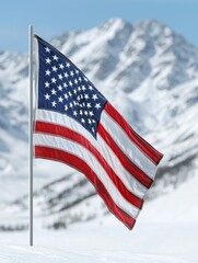 American Flag Against a Snowy Mountain Backdrop