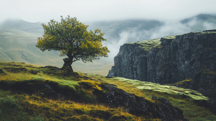 Solitary Tree on Misty Cliffside Landscape
