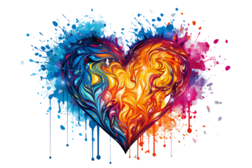 A vibrant heart design with swirling colors of blue, orange, and pink, bursting with energy and creativity against a white background.