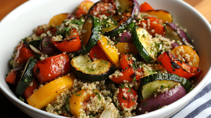 A colorful bowl of quinoa mixed with fresh vegetables, perfect for a healthy meal.