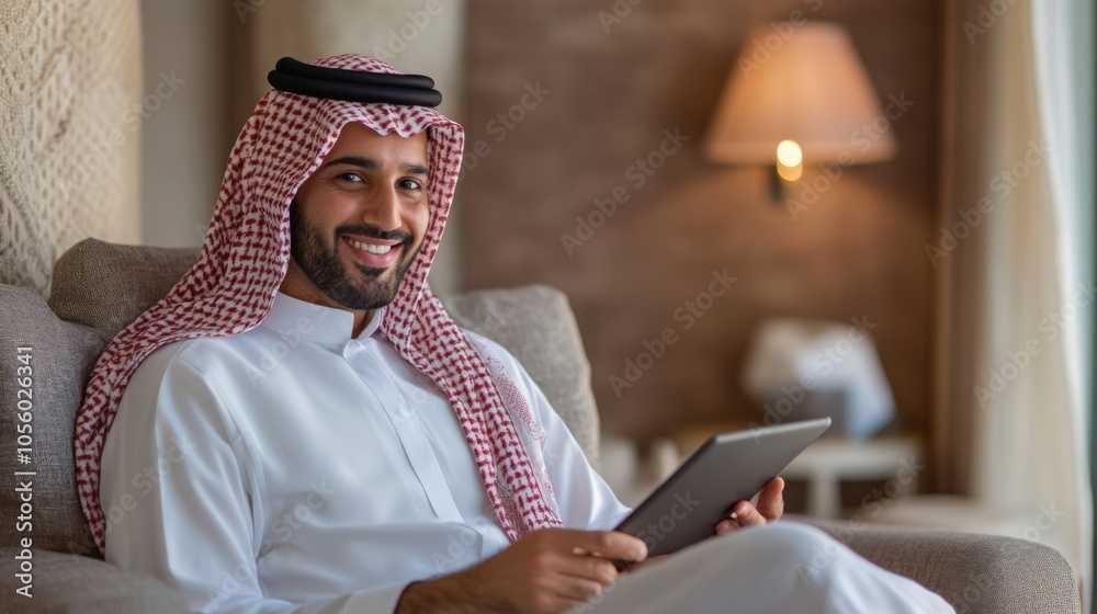 Aufkleber a man dressed in traditional attire sits comfortably on a sofa, smiling while using a tablet.