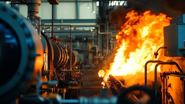 Industrial Fire Safety Intense Flames Erupting in a Manufacturing Facility Amidst a Fire Emergency Situation