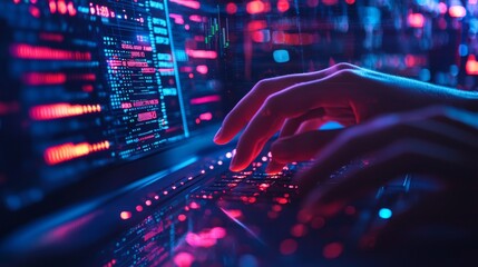 Hands typing on a keyboard with glowing red and blue code on the screen