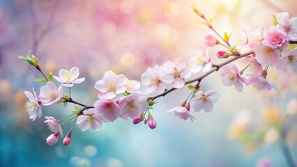 Softly blended watercolor petals unfolding from a delicate branch, flower details, floral patterns, natural beauty, gentle hues