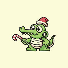 Cute Crocodiles Christmas Vector Icon Illustration Animal Nature Flat Cartoon Style