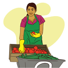 Indian women farming tomato with gloves and apron