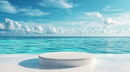 copy space for product display presentation on beach with blue sky and white clouds abstract background. 