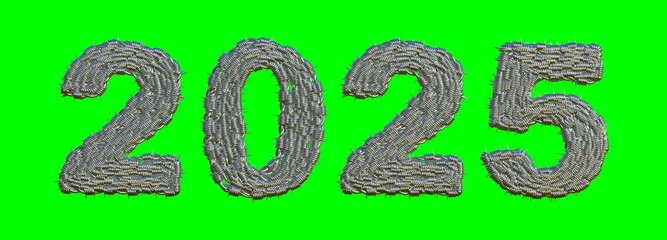 Steel barbed wire numbers of 2025 3D text on green back background.