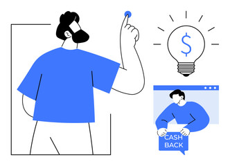 Man thinking with light bulb and cash back icon. Ideal for financial solutions, cashback services, innovative ideas, business strategies, creative thinking. Clean modern style