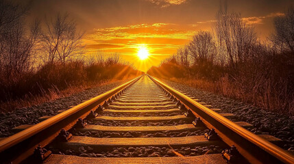 Fototapeta premium Railroad Tracks Leading to Sunset with Golden Sky and Sunbeams