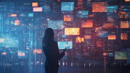 Businesswoman analyzing data on a futuristic digital screen