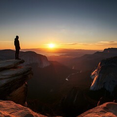 Obraz premium silhoutte of a man standing on the edge of a cliff mountains in sunset sun shines in the horizon