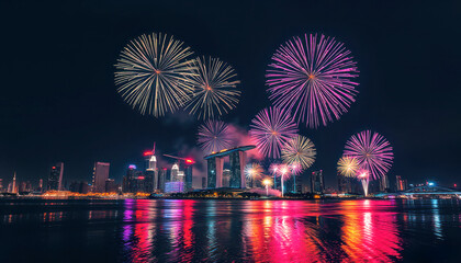 fireworks over the river at city night