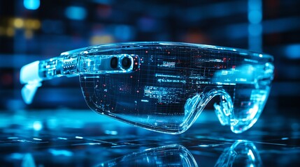 Futuristic augmented reality glasses glimmer against a vibrant blue backdrop, showcasing advanced technology and digital innovation.