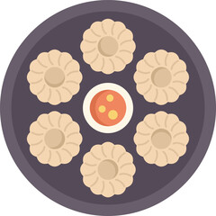 Round plate featuring six dumplings arranged in a circle around a small bowl of dipping sauce, representing asian cuisine