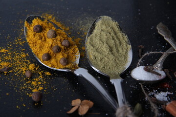 Seasoning in the spoon, colorful spices, Chilli pepper with spices