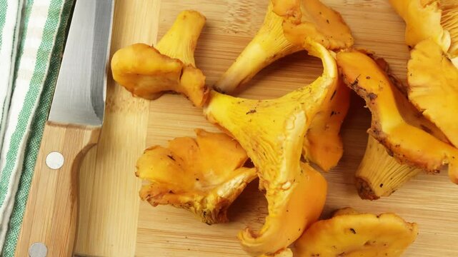 plusieurs champignons girolles, en gros plan, sur une planche &agrave; d&eacute;couper
