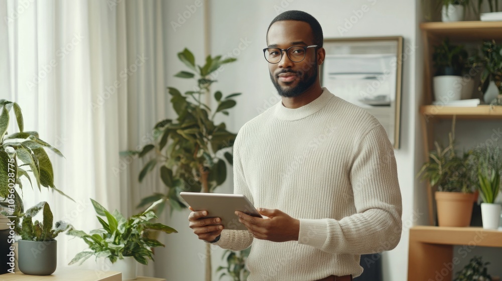 Aufkleber a black man stands in a bright and inviting indoor environment, holding a tablet. he is surrounded b