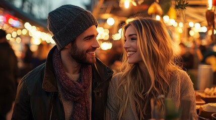 Obraz premium Stylish couple enjoying street food at a bustling urban market, surrounded by colorful food stalls and lively crowds