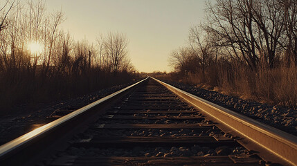 Fototapeta premium Railroad Tracks Leading to Sunset Golden Hour Landscape Photography