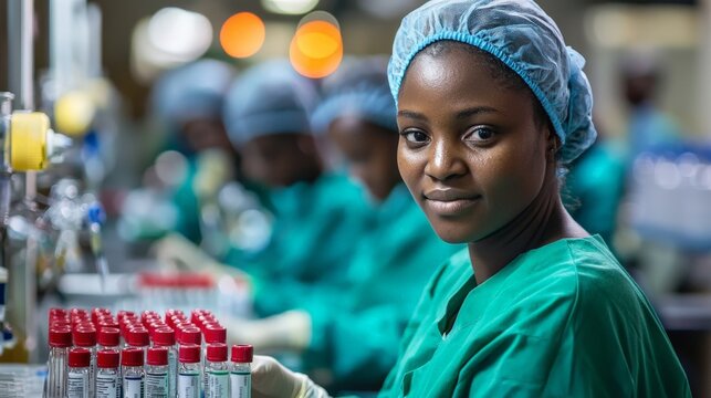 african-american woman in protective epis looking into camera with Vaccines for HIV and malaria
