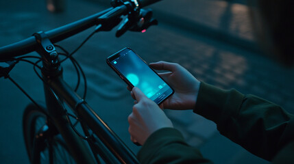 Fototapeta premium Person Using Smartphone While Riding Bicycle at Dusk