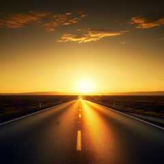 Naklejka premium a straight road stretching into the sunset across a deserted land sun shines in the horizon