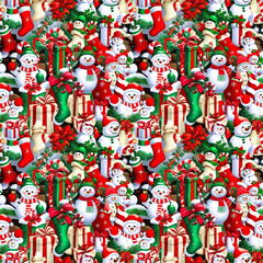 Fototapeta premium Whimsical Christmas Scene with Snowmen, Candy Canes, and Stockings against a Snowy White Background, Radiating Holiday Cheer