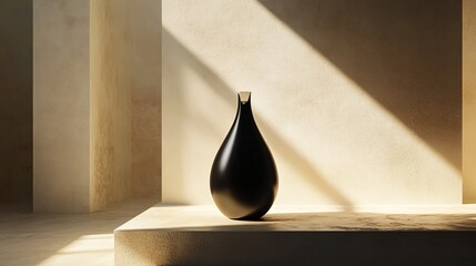 A sleek, black vase sits elegantly on a textured shelf, bathed in soft light, highlighting its curves against a minimalist backdrop.