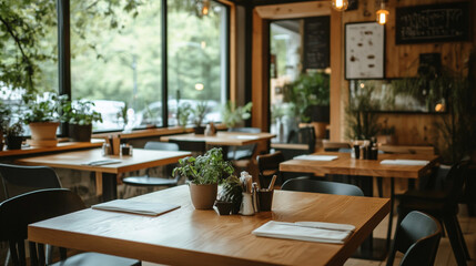 Fototapeta premium Empty Wooden Table In Modern Restaurant With Green Plants