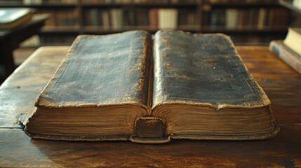 A vintage book rests open on a wooden table, showcasing its worn, leather-bound cover in a library setting filled with stacked shelves of books.