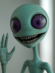 Fototapeta premium A teal alien with large eyes and a wide smile waves hello..