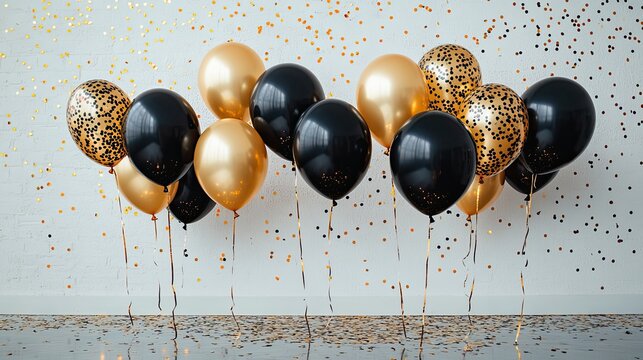 Birthday gold balloon happy card background black white party gift. Poster gold birthday elegant balloon anniversary design luxury premium template invite mockup christmas room rose ribbon silver up