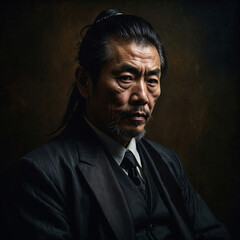 Fototapeta premium Sophisticated Portrait of Asian Man in Black Suit with Gold Accents