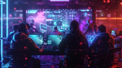 Professional gamers playing in online video game tournament, wearing vr headsets and using controllers, competing in futuristic neon lit gaming arena