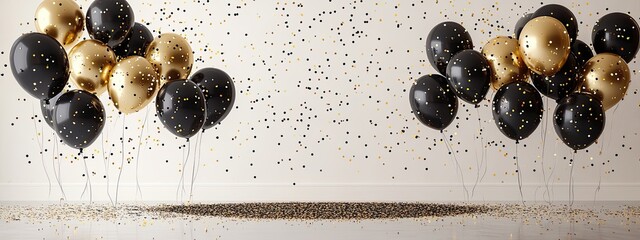 Birthday gold balloon happy card background black white party gift. Poster gold birthday elegant balloon anniversary design luxury premium template invite mockup christmas room rose ribbon silver up