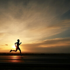 silhoutte of a man running on a straight road in the sunset healty lifestyle 