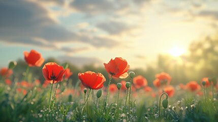 Obraz premium Experience the tranquil beauty of a picturesque meadow where poppies flourish among green grass. This serene landscape invites you to enjoy the peaceful countryside in summer.