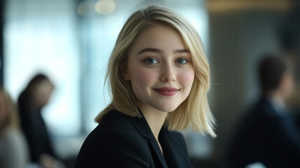 Naklejka premium Young Woman Smiling Portrait with Blonde Hair in Office Setting