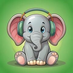 Adorable Cartoon Elephant with Green Headphones