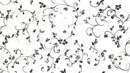 A delicate black and white floral pattern with swirling vines and leaves.