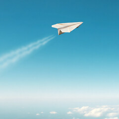 Fototapeta premium paper plane flying in the clear blue sky origami airplane in the air copy space with text