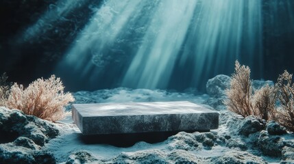 3d empty minimalistic stone podium with sunshine under the sea for sea products