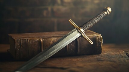 A bible and a sword. blurred background.