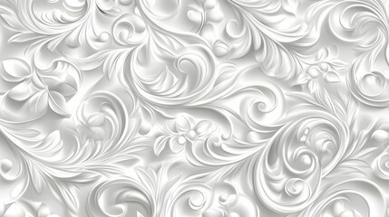 Elegant white floral pattern with intricate swirls and relief design.