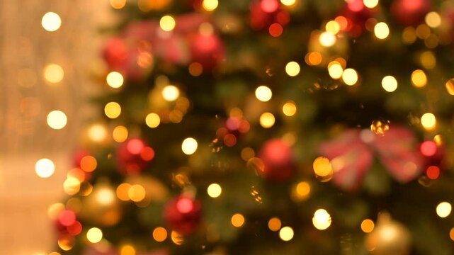 Blurred background of christmas lights. Blurred decorated christmas tree at home, background of glowing bright lights garlands