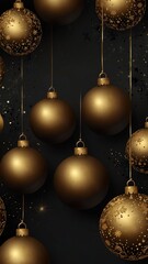 Black vertical background with gold Christmas balls and copy space. New Year, winter holidays. 