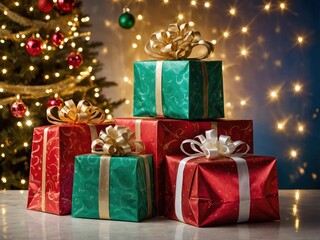 Christmas gift packages wrapped in colorful paper with ribbons, creating a joyful and festive atmosphere for the holiday season